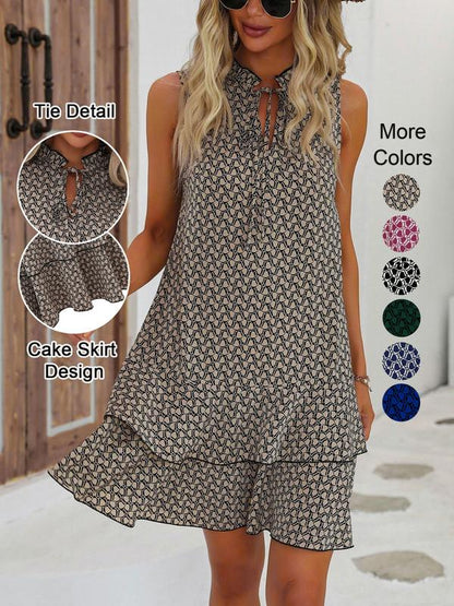 🎀 Geometric Print Mini Dress with Hollowed Bowknot Back