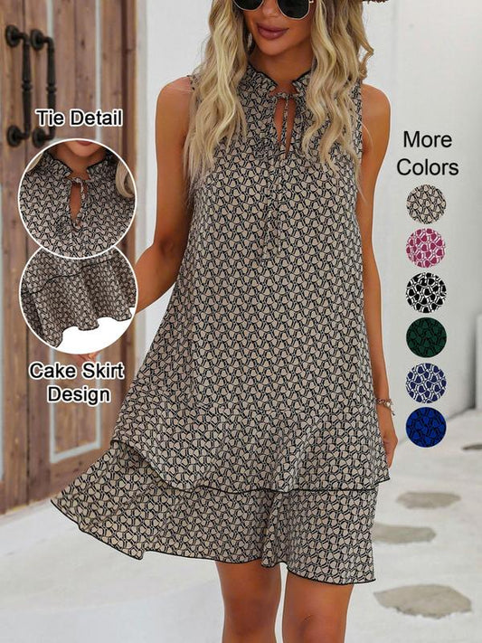 🎀 Geometric Print Mini Dress with Hollowed Bowknot Back