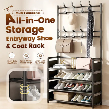 🏠 3-in-1 Entryway Organizer: Shoe Rack, Coat Rack & Shelves, 16mm Metal Frame, 4/5 Tiers