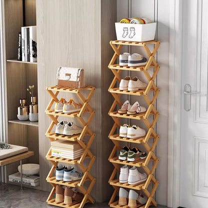 👞 Foldable Bamboo Shoe Rack: No Assembly, 5-Second Setup, 2-10 Tiers, Space-Saving