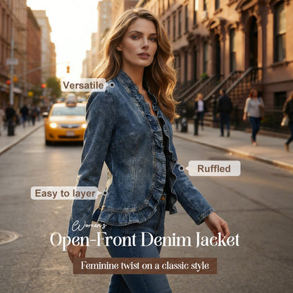 ⏰Women's Ruffle Trim Open-Front Denim Jacket🧥