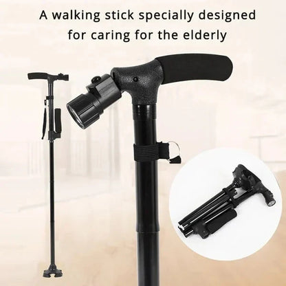 🦯 Dual-Handle Folding Walking Stick: 3-LED Light, Pivoting Base, Adjustable