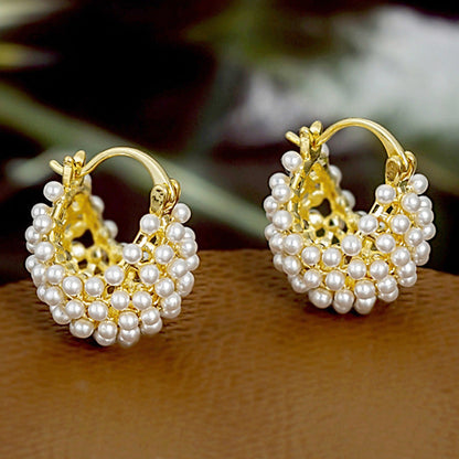 💎 Faux Pearl Basket Hoop Earrings: Gold-Tone, Weave Design, Secure Clasp, French Elegance