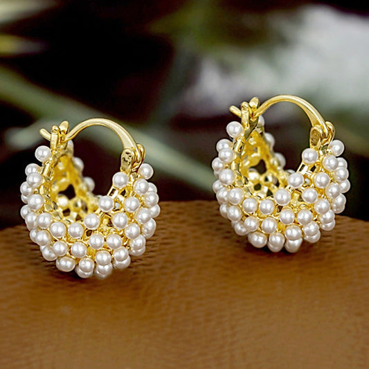 💎 Faux Pearl Basket Hoop Earrings: Gold-Tone, Weave Design, Secure Clasp, French Elegance