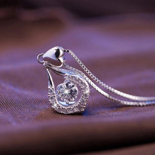 💖 Twinkling Heart Necklace: Rotating Stone, Waterdrop Pendant, Silver, Gift for Her