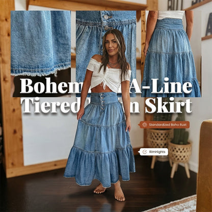 🥳2026 HOT SALE🥳 Women's High Waisted Tiered A-Line Denim Maxi Skirt