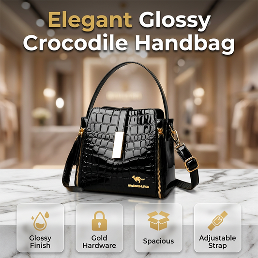🌟 Glossy Patent Croc-Effect Handbag — High-Shine Finish, Top-Handle Satchel with Detachable Strap