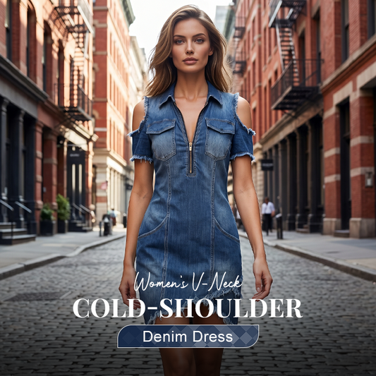 🔥Summer Bestseller🔥 Women's V-Neck Cold-Shoulder Denim Dress