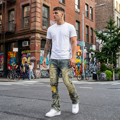 👖 Men's Deconstructed Frayed Flare Jeans — Raw Seams, Relaxed Fit, Streetwear Edge