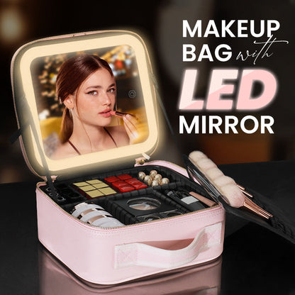 💄 PORTABLE MAKEUP BAG WITH LED MIRROR — 3 Dimmable Light Settings | Adjustable Dividers | USB Rechargeable ✨