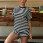 🔥 Limited time offer! 🔥American Vintage 2-Piece Set – Striped Tee + High Waist Shorts