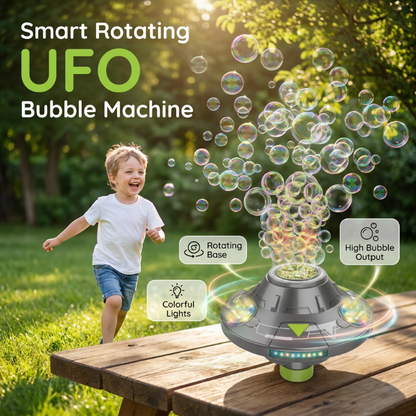 🛸 SMART ROTATING UFO BUBBLE MACHINE — 360° Auto-Rotation | Rechargeable | RGB Lights & Remote 🎉
