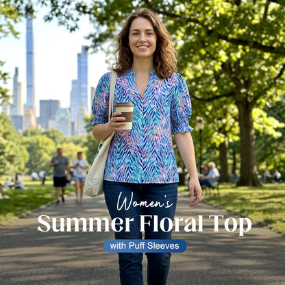 👗 Relaxed V-Neck Floral Blouse with Puff Sleeves— Flattering Neckline, Breezy Cotton for Everyday Style