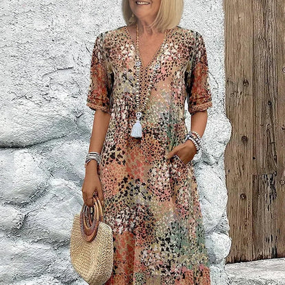 🌸 VIVID PRINT V-NECK MIDI DRESS — Waisted Silhouette | Lightweight & Floaty