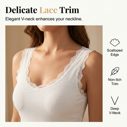 👗 Slim Fit Ribbed Cami with Built-in Cups & Lace Trim — Medium Support, Soft Stretch Fabric for Daily Wear