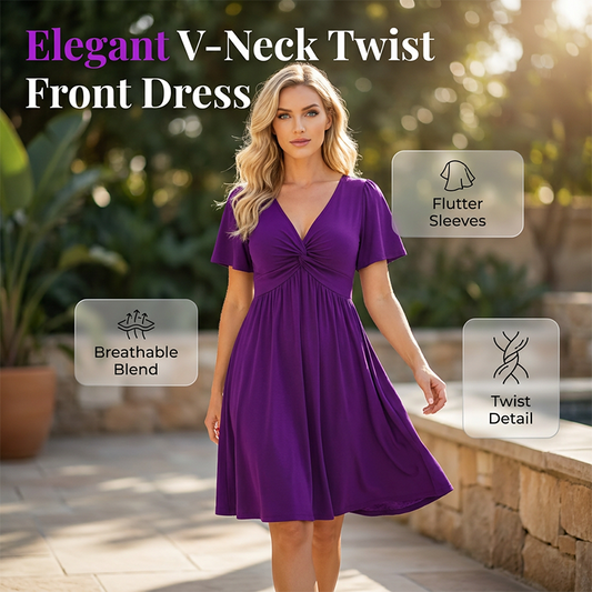 👗 Elegant V-Neck Twist Front Midi Dress with Pockets — Flattering Silhouette, Effortless All-Day Style