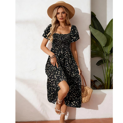 🌿 Summer Floral Smocked Dress with Square Neck — Wear to Beach, Brunch or Evening
