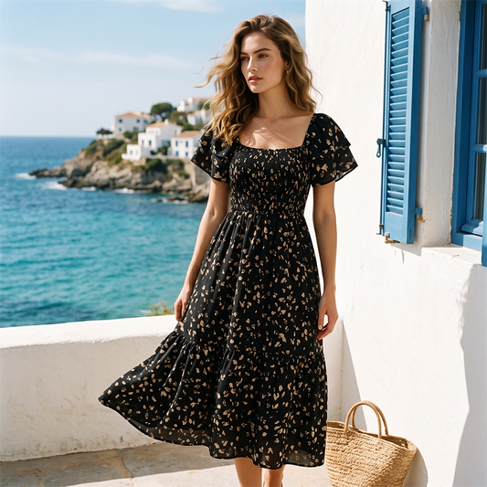 🌿 Summer Floral Smocked Dress with Square Neck — Wear to Beach, Brunch or Evening