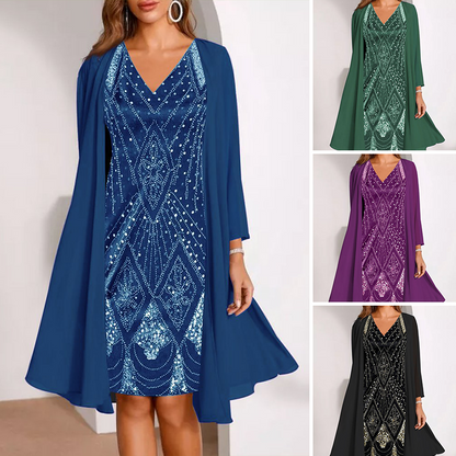 🏆 Elegant 2-Piece Ensemble — Sleeveless Midi Dress with Removable Sheer Duster Jacket