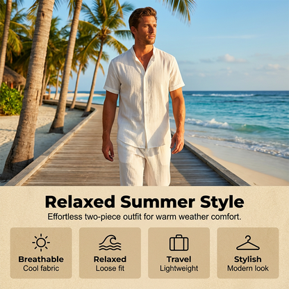 👔 Men‘s Textured 2-Piece Shirt & Trousers Set — Relaxed Oversized Fit Co-Ord for Summer