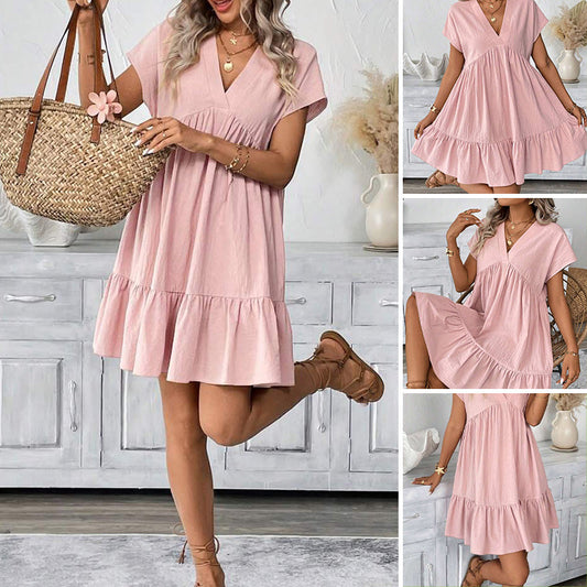 🌬️ Lightweight V-Neck Casual Dress — Soft Rayon Blend | Ruffle Hem | Breathable for Summer Days
