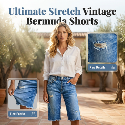 📐 Slim-Fit Ripped Denim Shorts — Bermuda Length | High-Rise | Classic 5-Pocket | Polished Casual