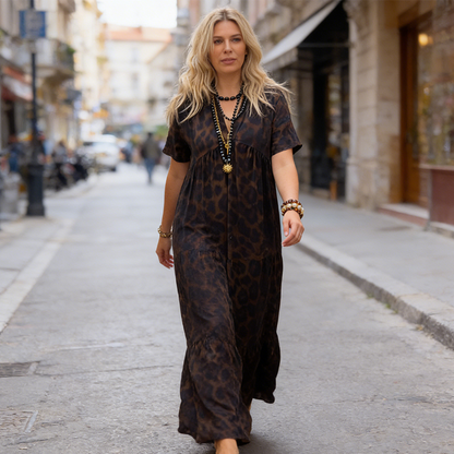 👗 Women's V-Neck Leopard Print Maxi Dress — Flowy Silhouette | Lightweight Fabric