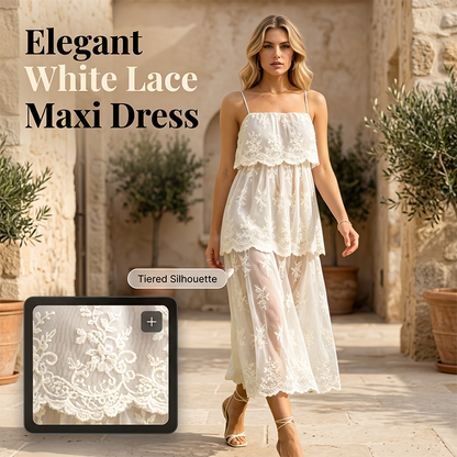 ✨ Women Elegant White Lace Spaghetti Strap Maxi Dress