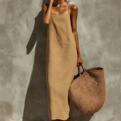 👗 Women's Casual Solid Color Slip Dress — Satin-Like Fabric | Adjustable Spaghetti Straps