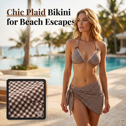 👙 Women Three-Piece Halter Bikini Set with Wrap Skirt Brown Plaid Swimsuit