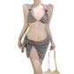 👙 Women Three-Piece Halter Bikini Set with Wrap Skirt Brown Plaid Swimsuit