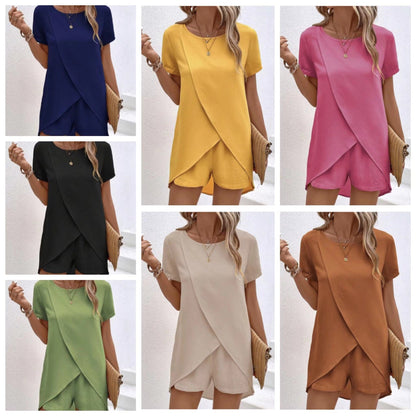 ✨ Women's Solid Color Irregular Top & Shorts Two Piece Set