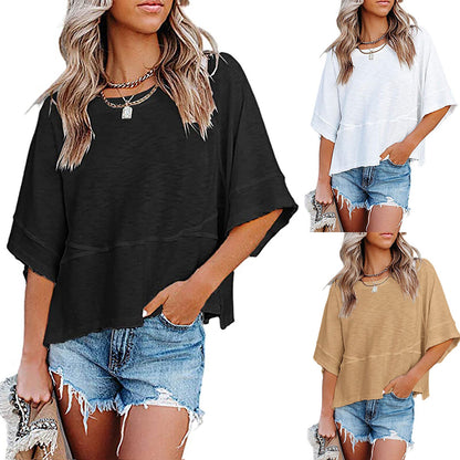 🌿Women's Solid Color Splicing Loose Five Points Flare Sleeve T-Shirt