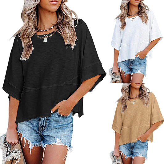 🌿Women's Solid Color Splicing Loose Five Points Flare Sleeve T-Shirt