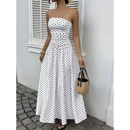 🌸 Elegant Off-Shoulder Dress — Delicate Polka Dot Print | Flattering Cinched Waist
