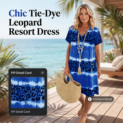 👗 Women's Casual Tie Dye Leopard Print V-Neck Dress — Trendy Mix Print T-Shirt Dress | Relaxed Loose Fit | Short Sleeve