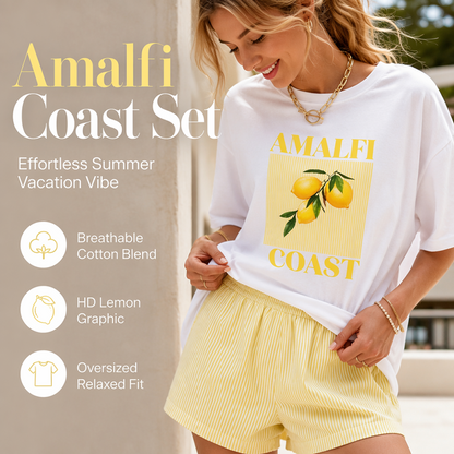 👚 Women's Lemon Graphic T-Shirt & Striped Shorts Set — Summer Co-Ord with Oversized Tee & Matching Shorts