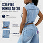 👗 Women's Sleeveless High Slit Denim Vest Dress — Longline Jean Jacket with Side Split