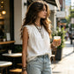 👚 Women's Round Neck Sleeveless Lace Top — Semi-Sheer Lace Panel Blouse with Classic Crew Neck