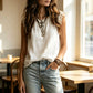 👚 Women's Round Neck Sleeveless Lace Top — Semi-Sheer Lace Panel Blouse with Classic Crew Neck