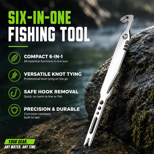 🐟 6-in-1 Stainless Steel Fishing Multi Tool — Hook Remover & Knot Tyer Combo