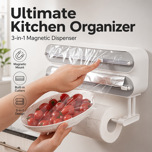 🧲 2-in-1 Magnetic Wrap Cutter & Towel Holder — Wall-Mounted Cling Film Dispenser with Paper Towel Rack