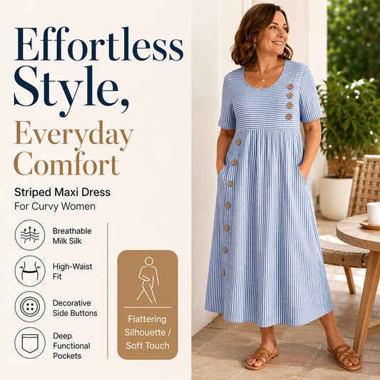 👗 Women's Casual Striped Relaxed Fit Dress — Classic Stripe Midi with Side Pockets & Belted Waist