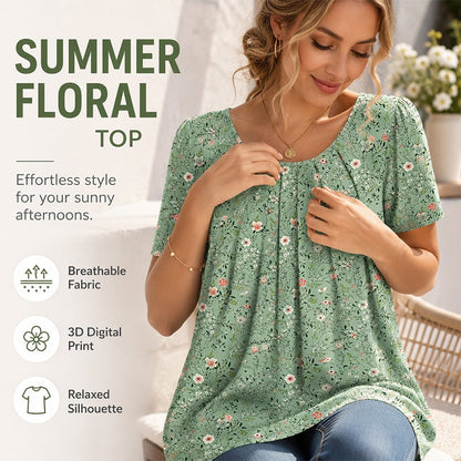 👚 Women's Round Neck Short-Sleeved Floral Top — Lightweight Floral Print Top with Classic Crew Neck