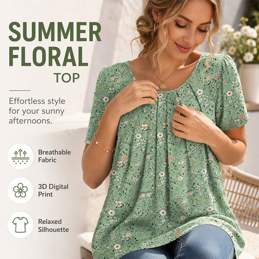 👚 Women's Round Neck Short-Sleeved Floral Top — Lightweight Floral Print Top with Classic Crew Neck