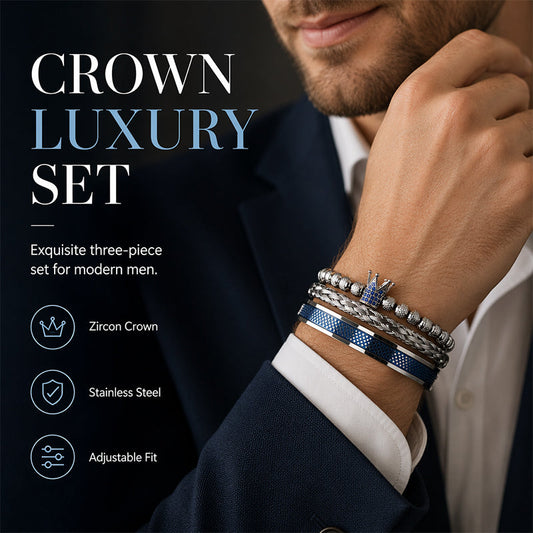 👑 Men's Stainless Steel Crown Bracelet 3-Piece Set — Luxury Royal Crown Design with CZ Beads