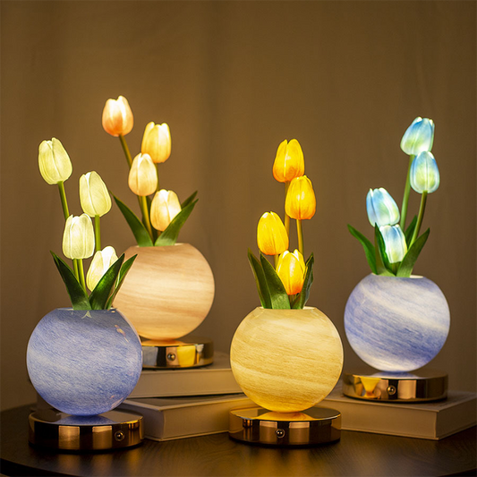 🌷 Elegant Tulip Bouquet Night Light — Lifelike PU Flower Table Lamp with 3-Color LED & Touch Dimming