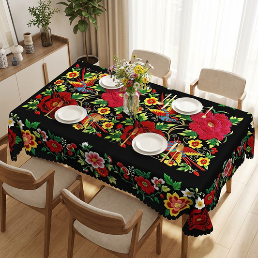 🌺 Mexican Floral Tablecloth with Scalloped Edge – Vibrant Fiesta-Style Design for Dining & Kitchen, Machine Washable 🧵✨