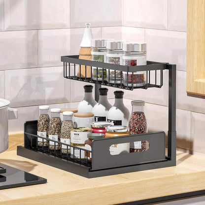 🏠 2-Tier Sliding Organizer – Carbon Steel, Under Sink, Adjustable ✅