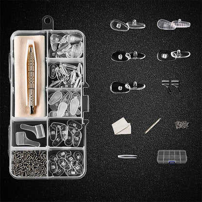 🔧 Eyeglass Nose Pad Repair Kit – 30 Pairs Soft Silicone Screw-in Nose Pads with Micro Screwdriver, Tweezers & Cleaning Cloth